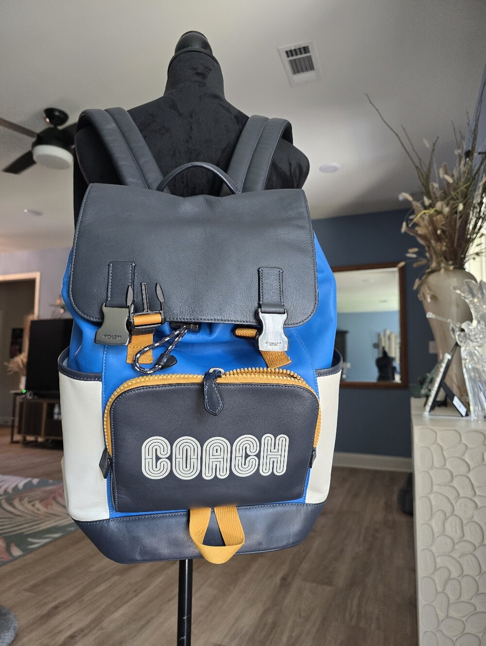 Coach Blue, Navy & Cream Nylon Leather Backpack with Orange Accents